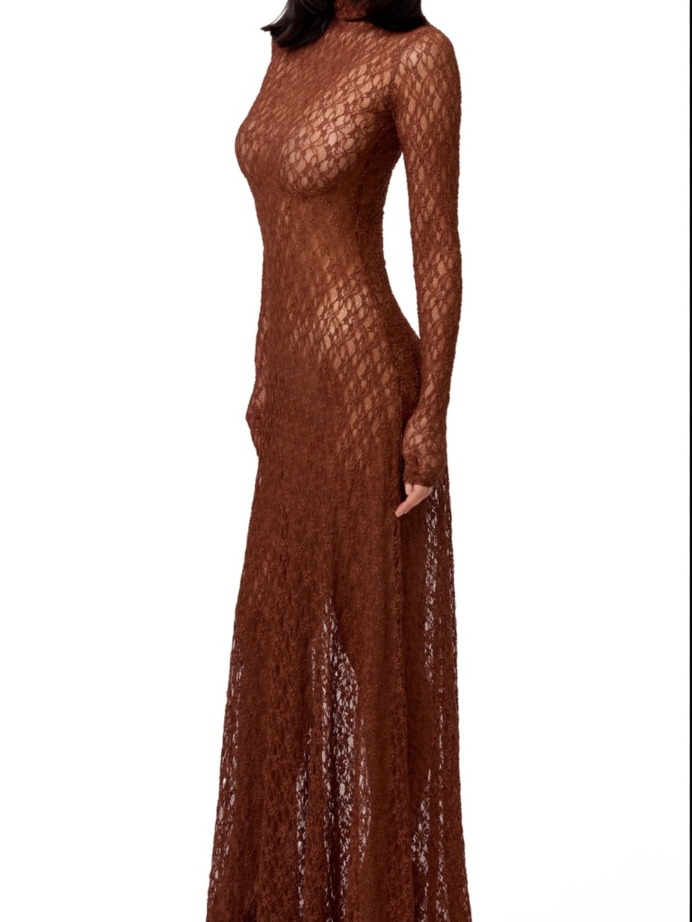 Naked Wardrobe Brown Sheer Lace Long Sleeve Maxi Dress